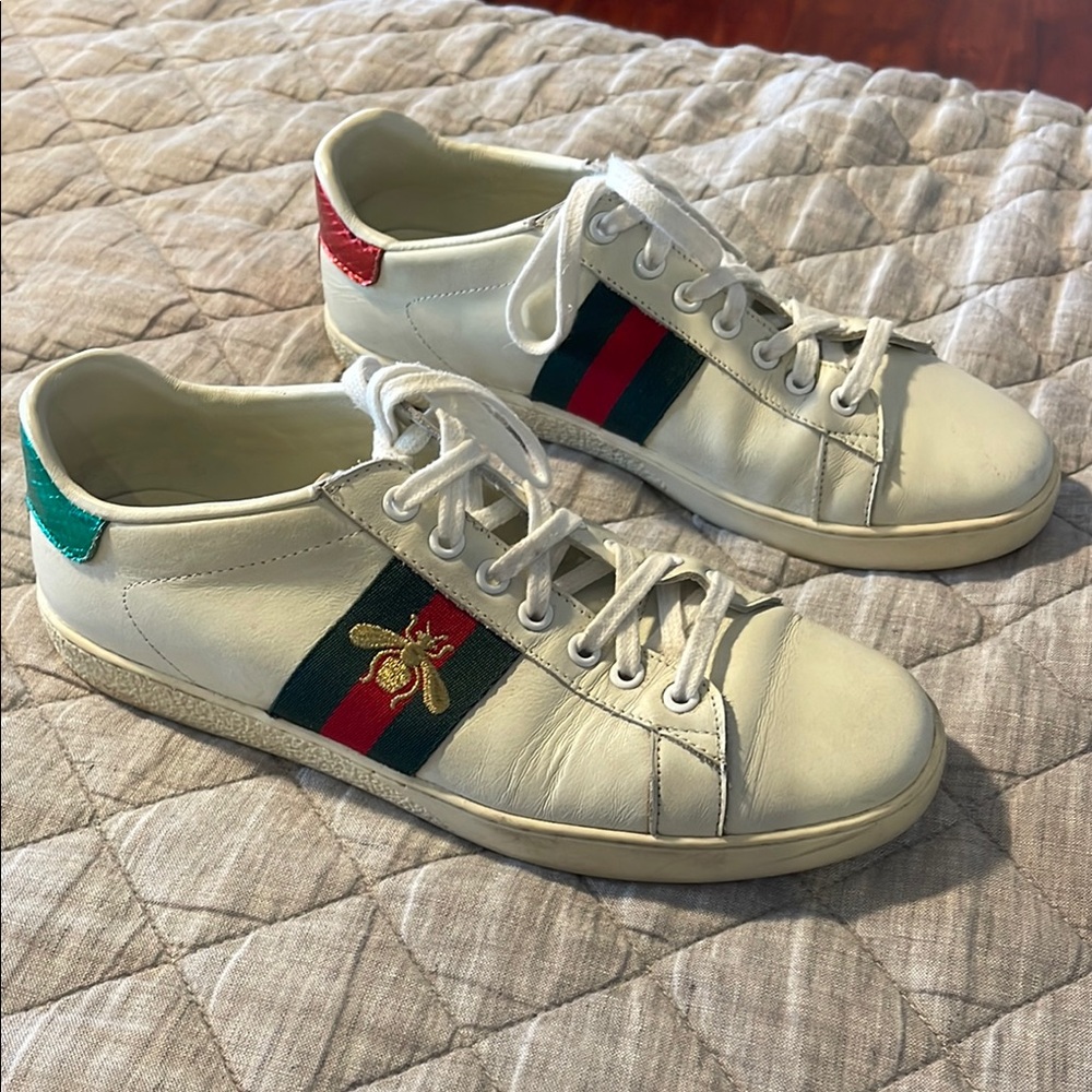 Gucci White Sneakers with Red and Green Accents